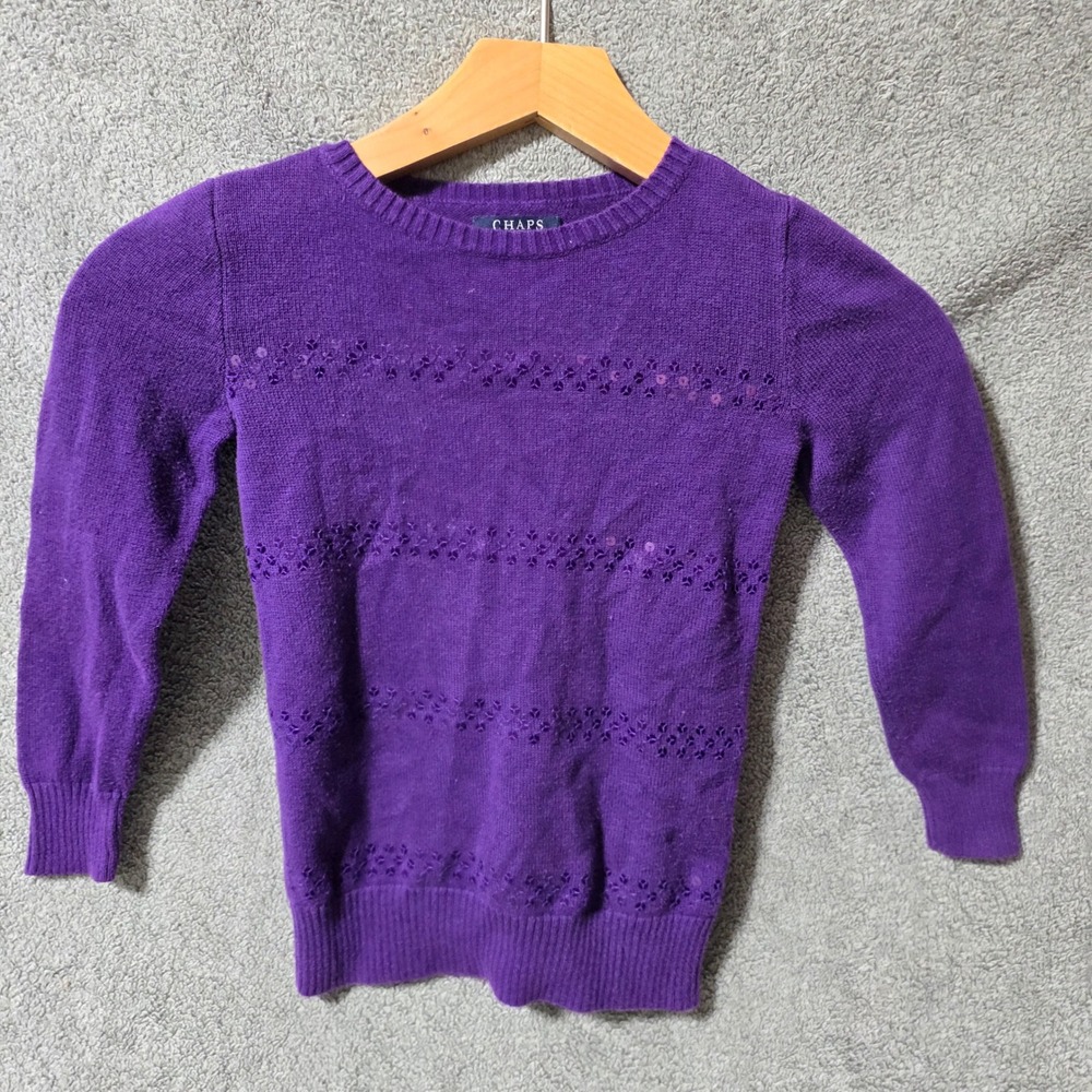 Chaps Girls Purple Sequin Pointelle Knit Sweater Size 5 Long Sleeve Crew Neck